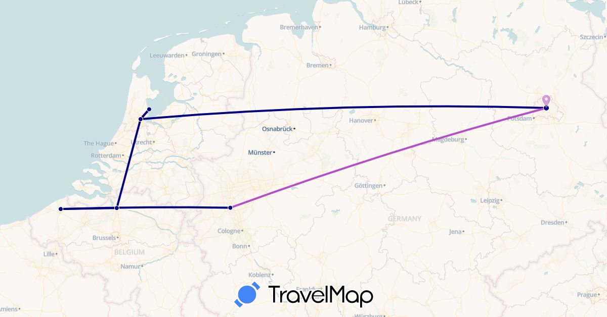TravelMap itinerary: driving, train in Belgium, Germany, Netherlands (Europe)